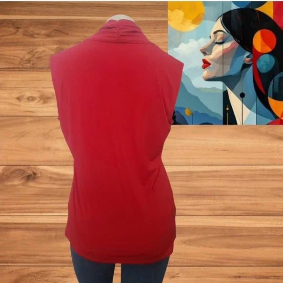 Carmen Marc Valvo Red Sleeveless Blouse Twist Front Draped Neckline Sz M V- Neck - Picture 2 of 7